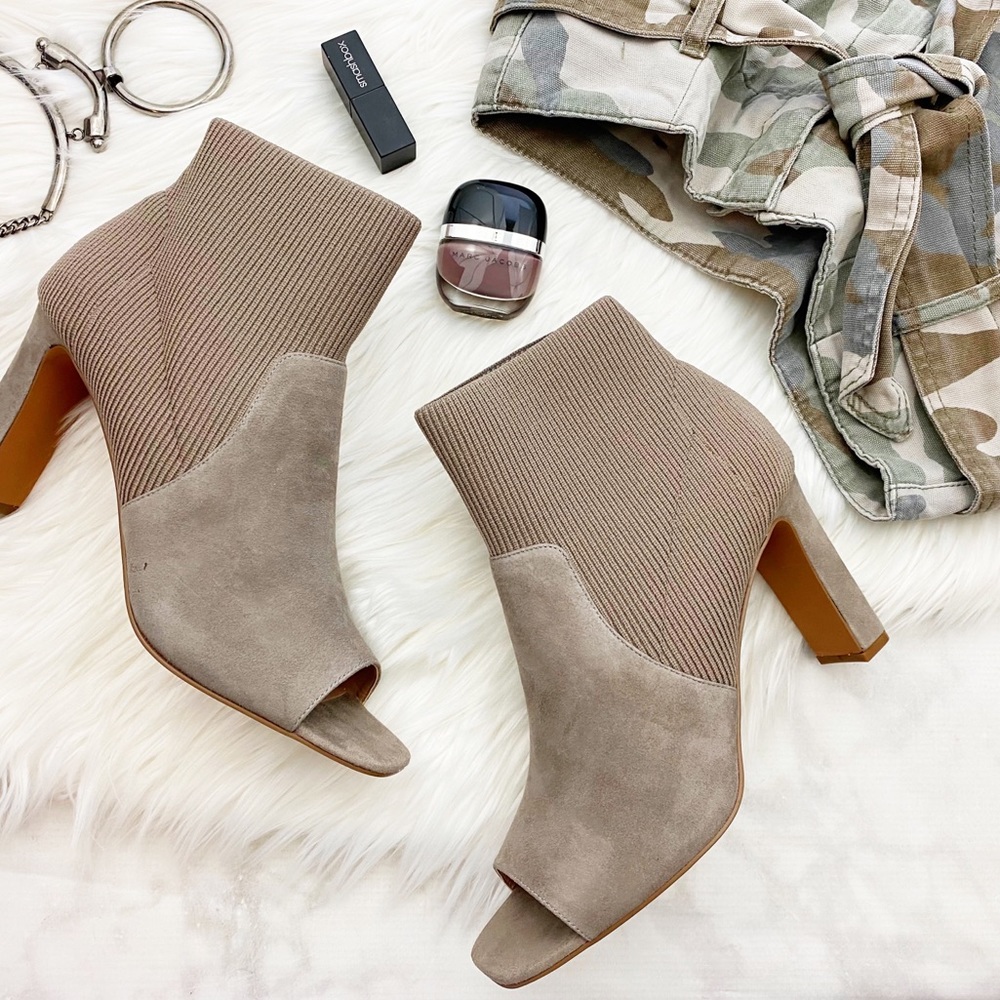 Taupe Suede and Knit Open Toe Booties